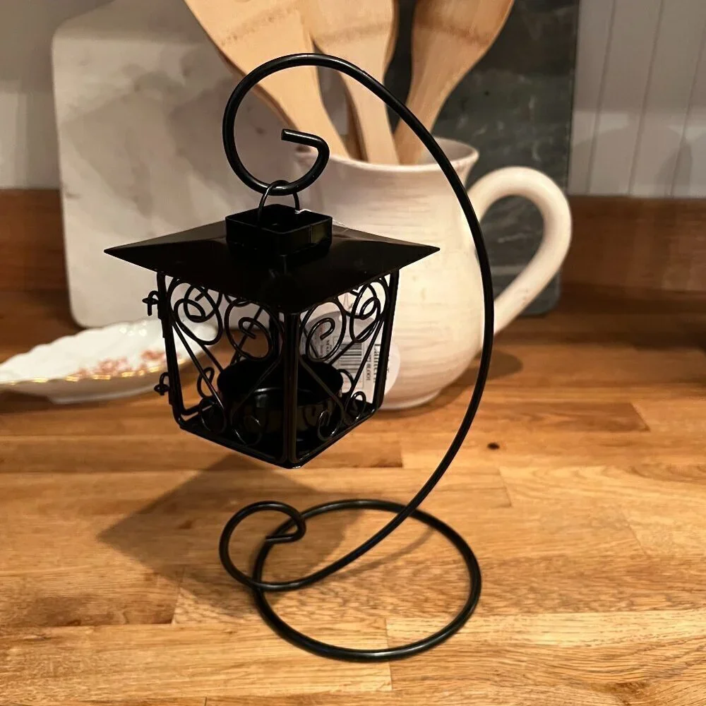 Mid-Century Modern Metal Black Bird House Cage Tea Light Hanging Lantern w/Stand